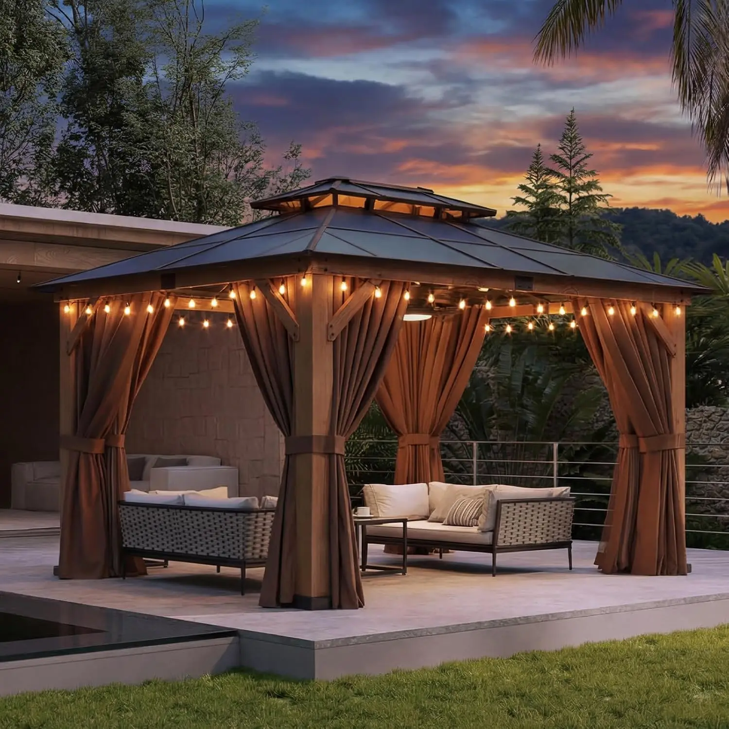 Gazebo, 10' x 12', Natural Cedar Wood Construction with Double-Layer Polycarbonate Roof
