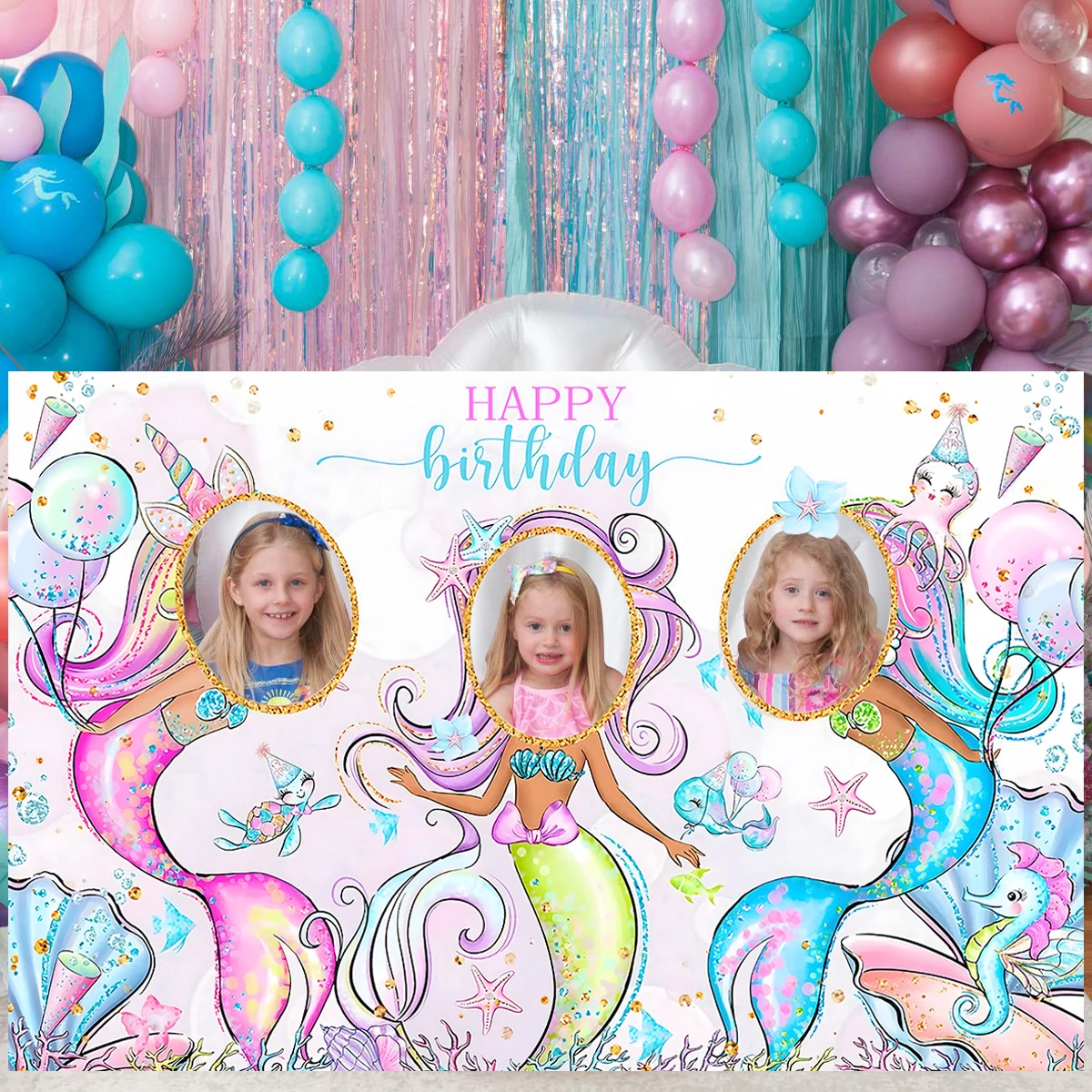 Photo Frame Dinosaur Mermaid Theme Birthday Party Decorations Kids Baby Shower Backdrop for Photography 1st Girl Birthday Favors