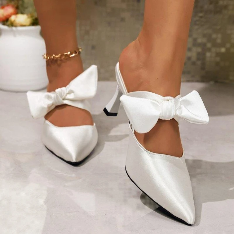 

New Pointed Toe Shallow Butterfly Knot Slingback Stiletto Sandals Summer Dress Party Wrapped Toe Shoes Designer Office Shoes