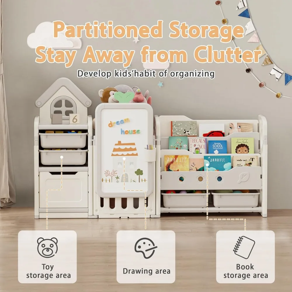 10-bin foldable toy organizer with 3-tier bookshelf for kids' storage