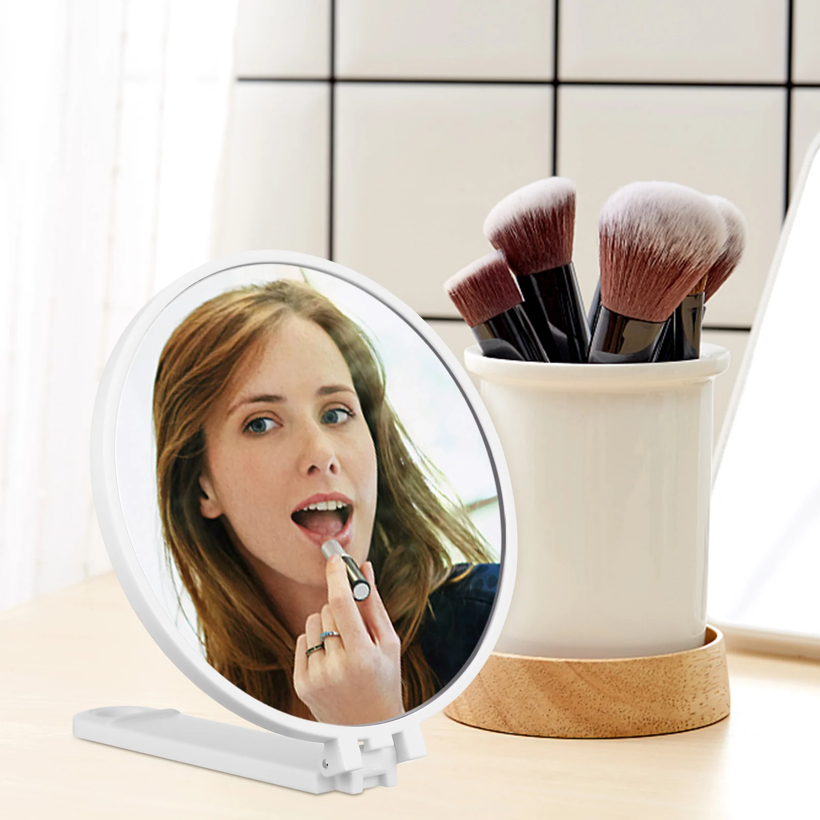 Portable Handheld Vanity Mirror Foldable Handle Stylish Square Design High Definition Reflection Compact Lightweight Travel