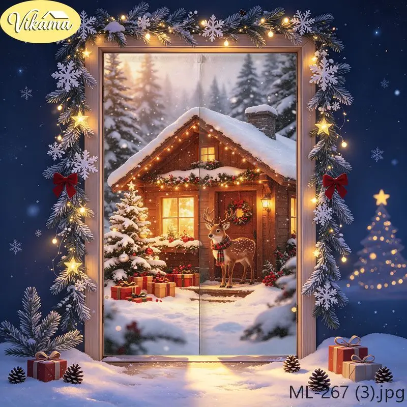VIKAMA Christmas Door Curtain Snowy Cabin Plaid Reindeer Christmas Tree Door Hanging Kitchen Bedroom Home Holiday Xmas Decor
