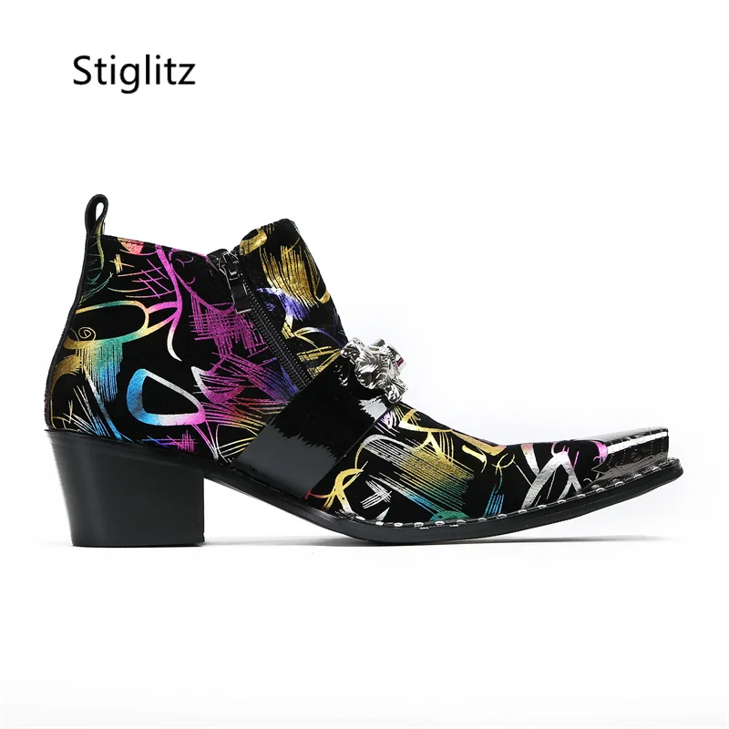 Graffiti Stiefeletten für Männer Perle Metall Dekor High Heels Leder Western Herren Stiefel Reiß verschluss Street Style Mann Schuhe hohe Qualität