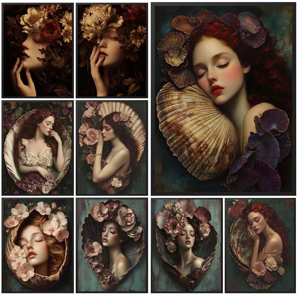 

Vintage Clam Shell Girl Portrait Flower WomanPoster Wall Art Canvas Painting Home Decor Wall Pictures For Living Room Unframed