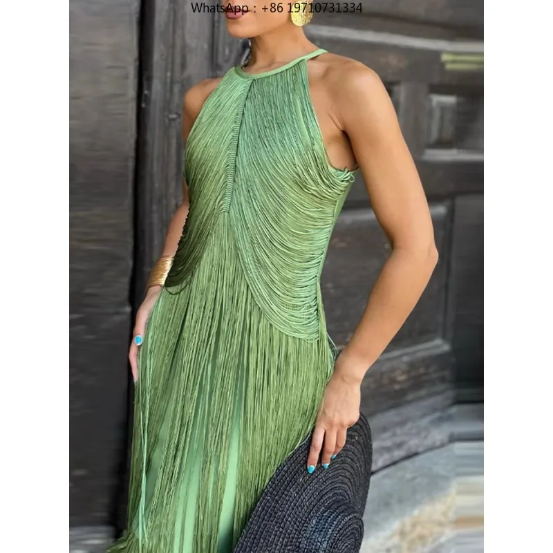 Women's Tassel Solid Color Sleeveless Halter Dress Women's Midi Dress Multilayer Women's Cocktail Robe Sexy Fashion New 2025