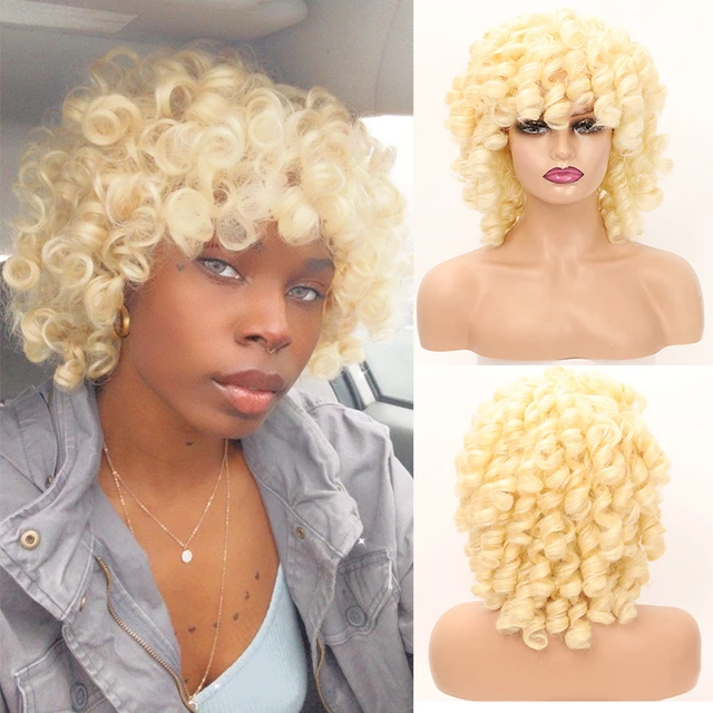 Honey Blonde 613 Curly Bob Wig Short Afro Curly Wig with Bangs Heat Resistant Synthetic Fiber