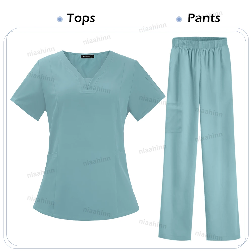 Dental Peeling T-shirt Mode Einfache Krankenschwester Uniform V-ausschnitt Kurzarm Top Jogger Hosen Klinik Jacke Pflege Zubehör Frauen – Detail 14