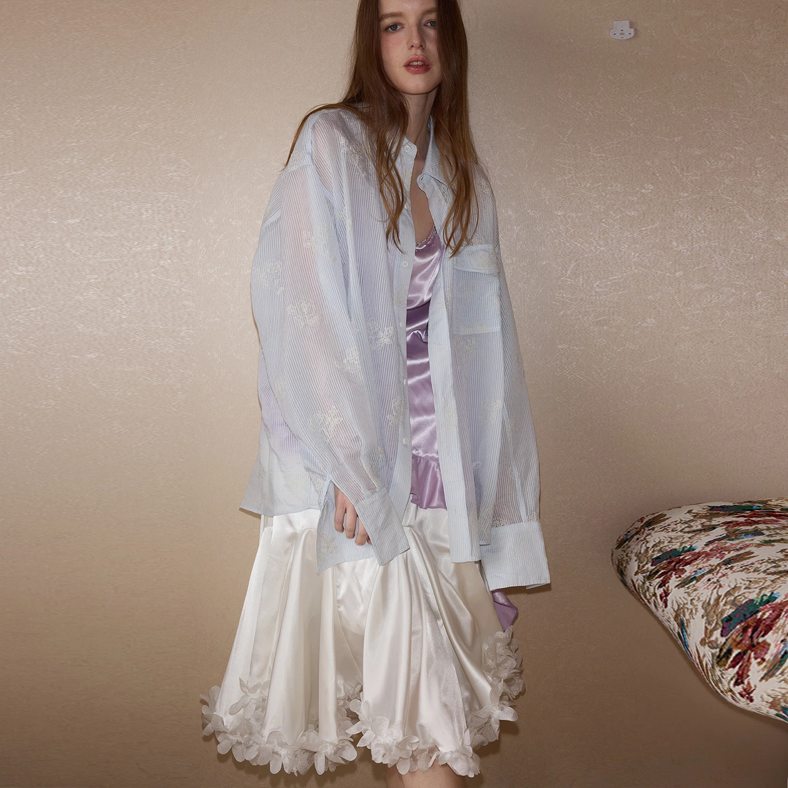 

Itsdan COINROVA Light Blue Striped Embroidered irt Summer Thin Semi-Transparent Long Sve Sun Protection Women's Busin...