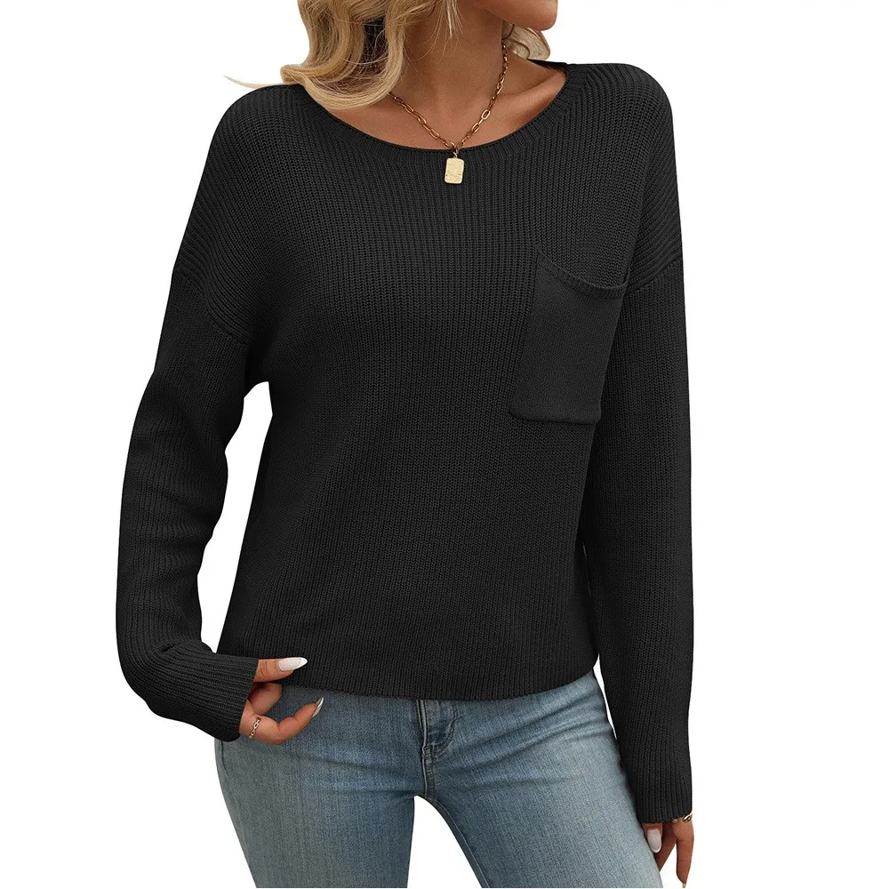 2024 New Autumn And Winter Women's Sweater Pullover Round Neck Solid Color Pocket Decoration Top Long Sleeved Black Knitted Tops