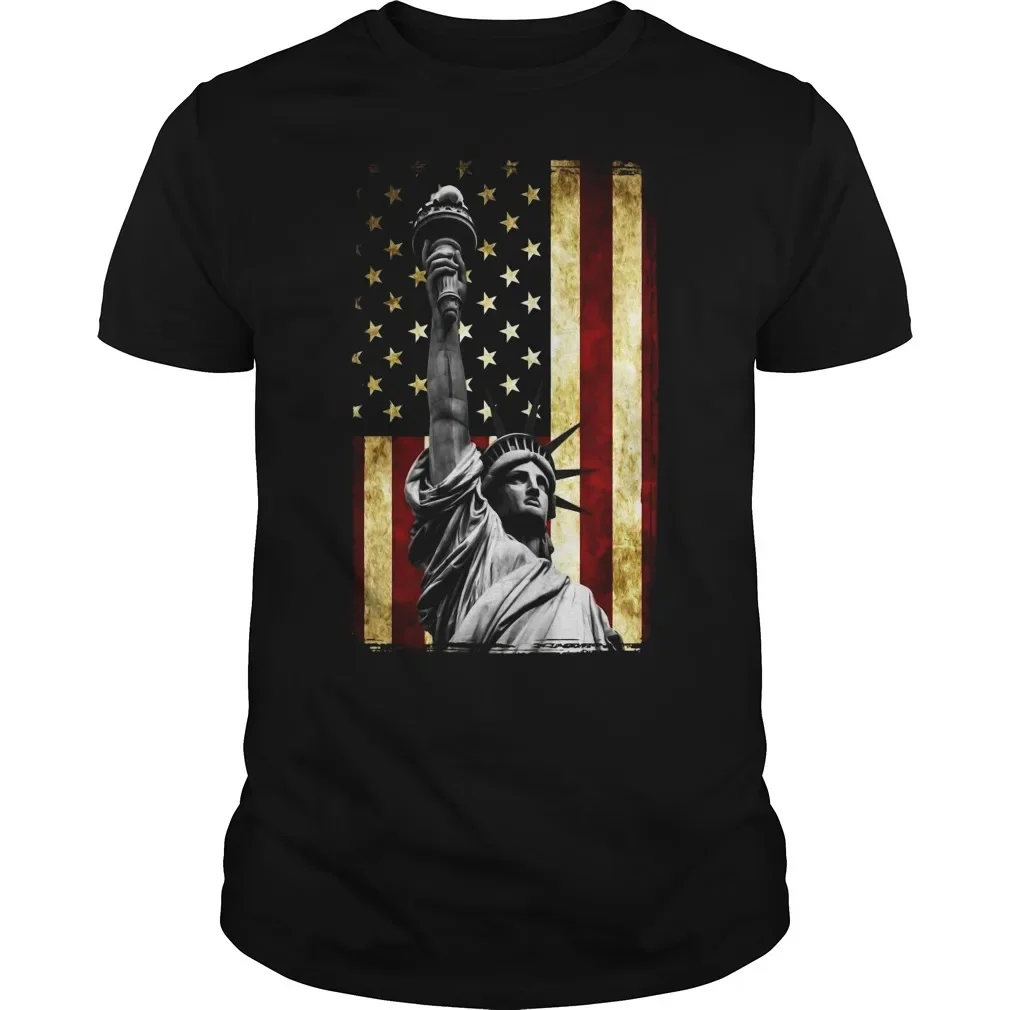 Cool Design American Flag and Statue of Liberty Mens T-Shirt. Summer Cotton Short Sleeve O-Neck Unisex T Shirt New S-3XL