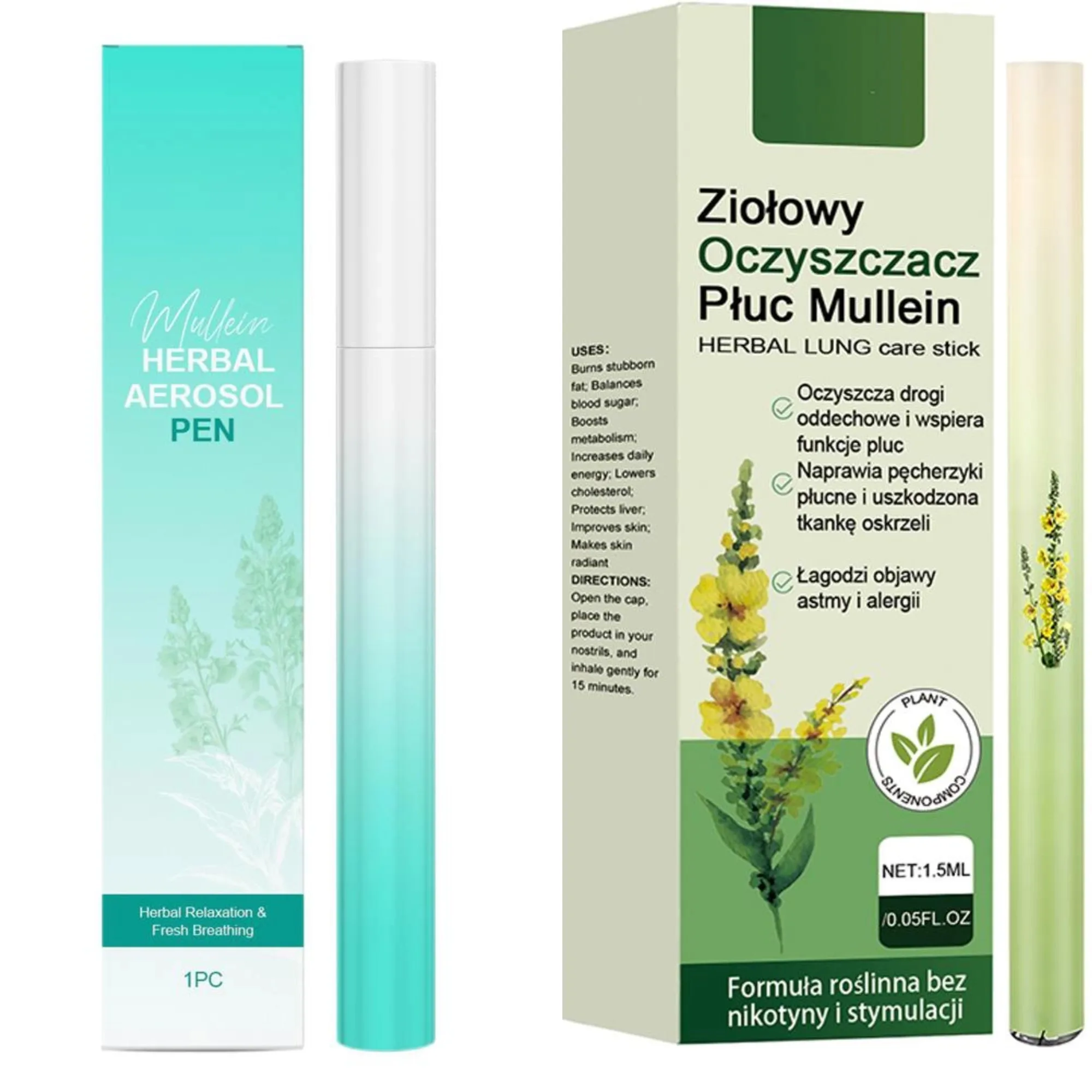 2 Kinds Herbal Diffuser Pen with Extracts of Mullein Mints Rosemary Natural for Lung Cleansing Clear Breathing Improvement 1/3PC