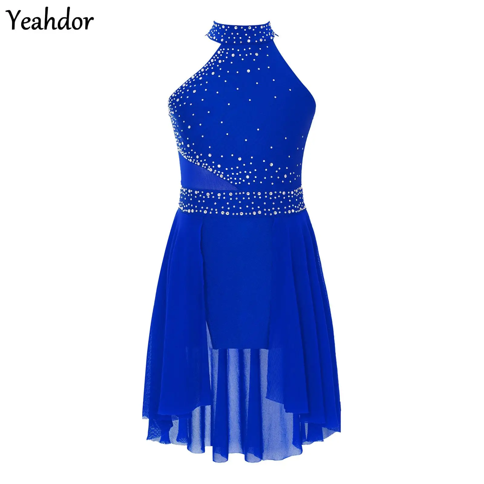 

Girls Figure Ice Skating Dress Rhinestone Lyrical Ballet Dance Dress Irregular Sleeveless Gymnastics Skirted Leotard Dancewear
