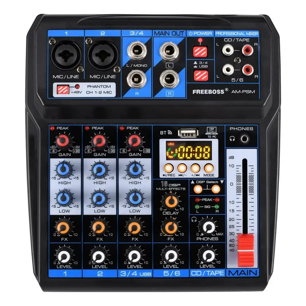 

Freeboss 6 Channel Audio Mixer 2 Mono 2 Stereo Mixing Console 16 Effects DC 5V USB PC Record Bluetooth Sound Table AM-PSM