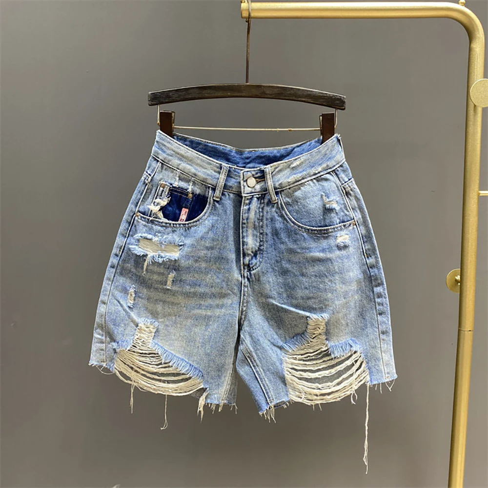 Women's High Waist Light Blue Denim Shorts Summer Distressed Ripped Frayed Hem Jeans Shorts Trendy Ripped Holes Hot Pants ﻿