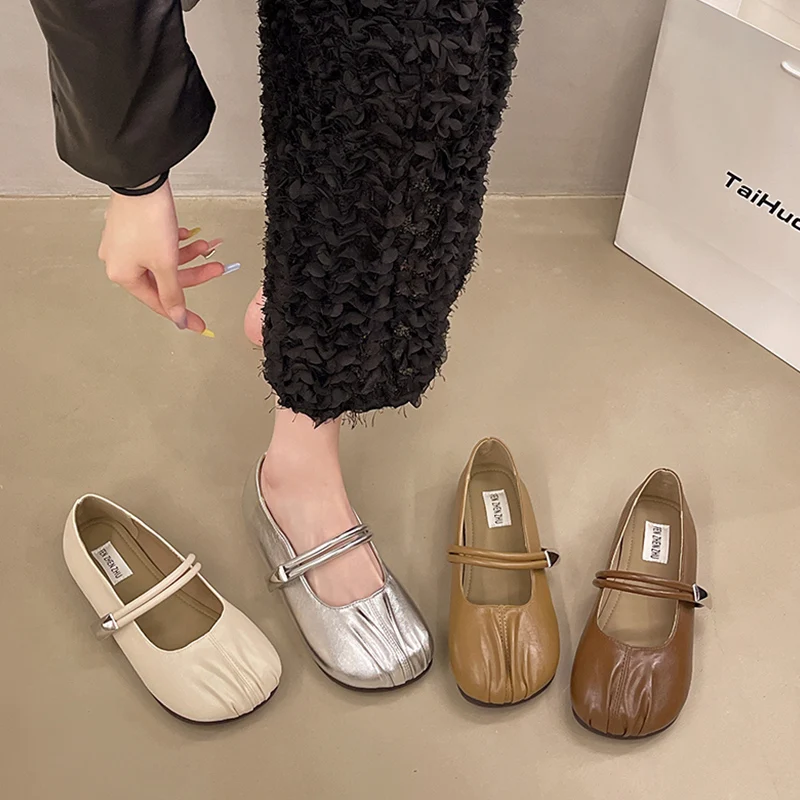 Korean Shoes Soft Female Footwear Shallow Mouth Oxfords Women's 2024 Summer Dress New Comfortable Leather Pleated Flat Mary