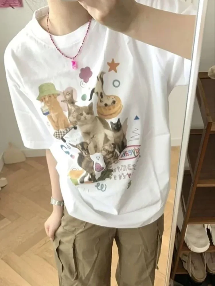 Retro Harajuku Mode Frauen Hemd Nette Milch Katze Grafik T-Shirts Übergroßen T Y2k Ästhetischen Weibliche Tees Streetwear Tops