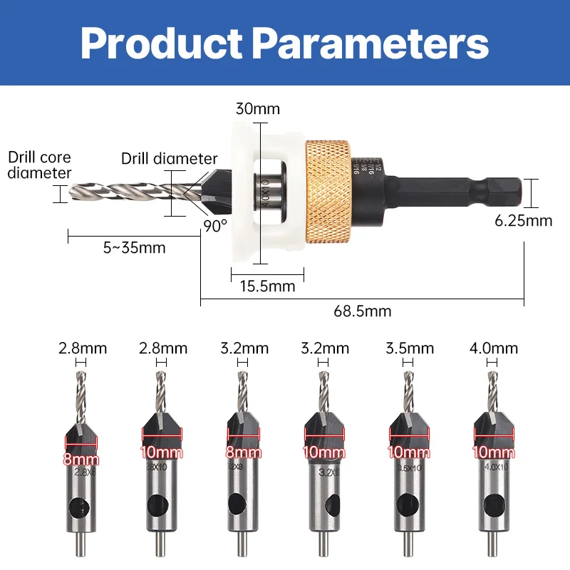 LIDIAO Verzinkboor met verstelbare diepte 4-fluit houtbewerking Verzinkboor voor MDF/multiplex Frees Schroefboor