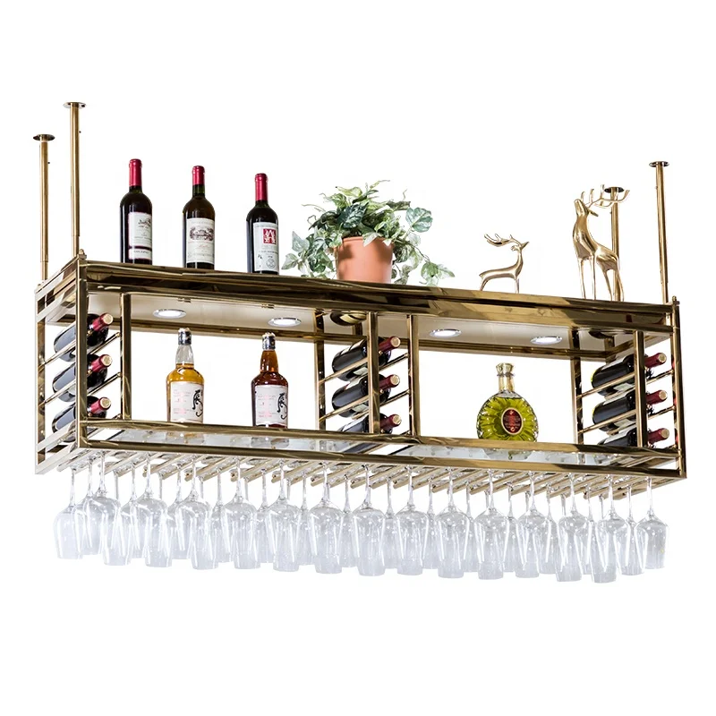 Bar Gold Stainless Steel Suspended Wine Display Rack Modern Gold Ceiling Hanging Wine Storage Rack With Glass Holder