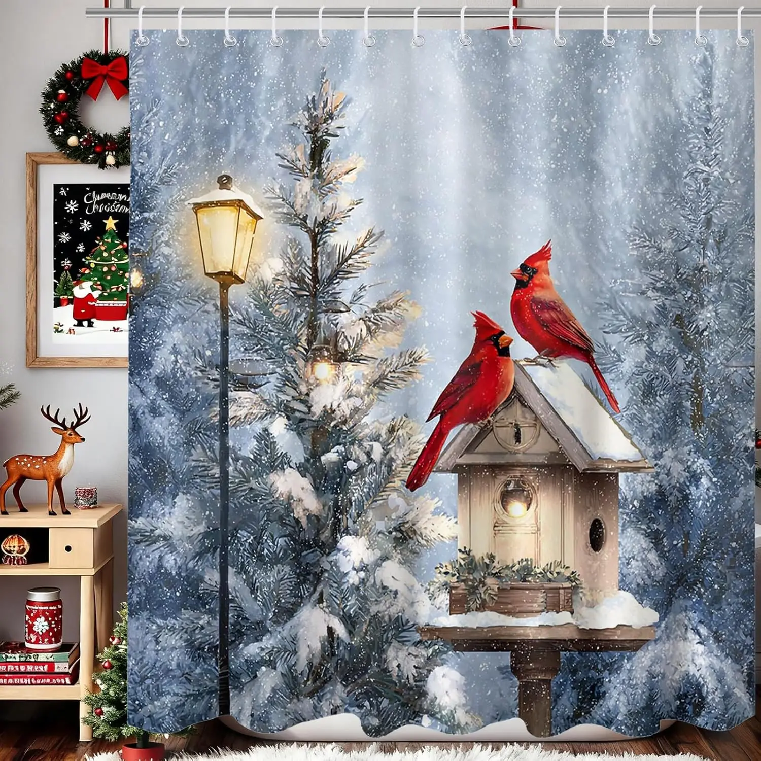 Winter Robin Red Cardinal Bird Shower Curtain Christmas Snow Scene Shower Curtain for Winter Christmas Holiday Bathroom Decor