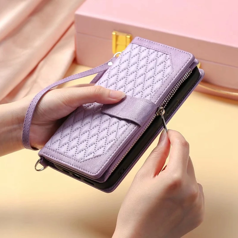 Rhombic Leather Case voor Samsung Galaxy S26 S25 Rand S24 Ultra S23 Plus FE A17 A16 A26 A36 A56 Flip Pols portemonnee Telefoon Cover