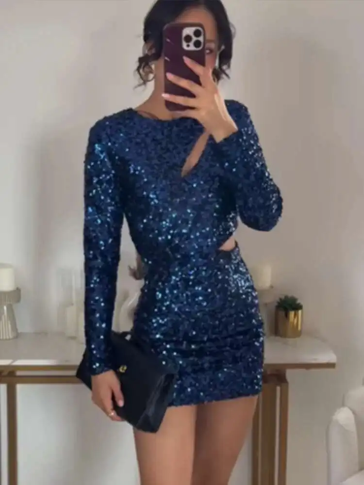 Sexy Tight Backless Cut Out Women's Fashion Shiny Glitter Sequin Short Dresses Women Elegant BabYoung Slim Fit Party Dress