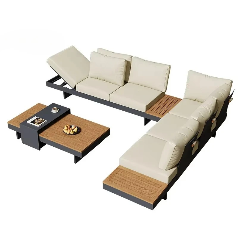 

Outdoor Aluminum Wooden Conversation Set Lounge Rattan Corner All Weather Teak Wood Furniture Luxury Patio Garden Sofa Set