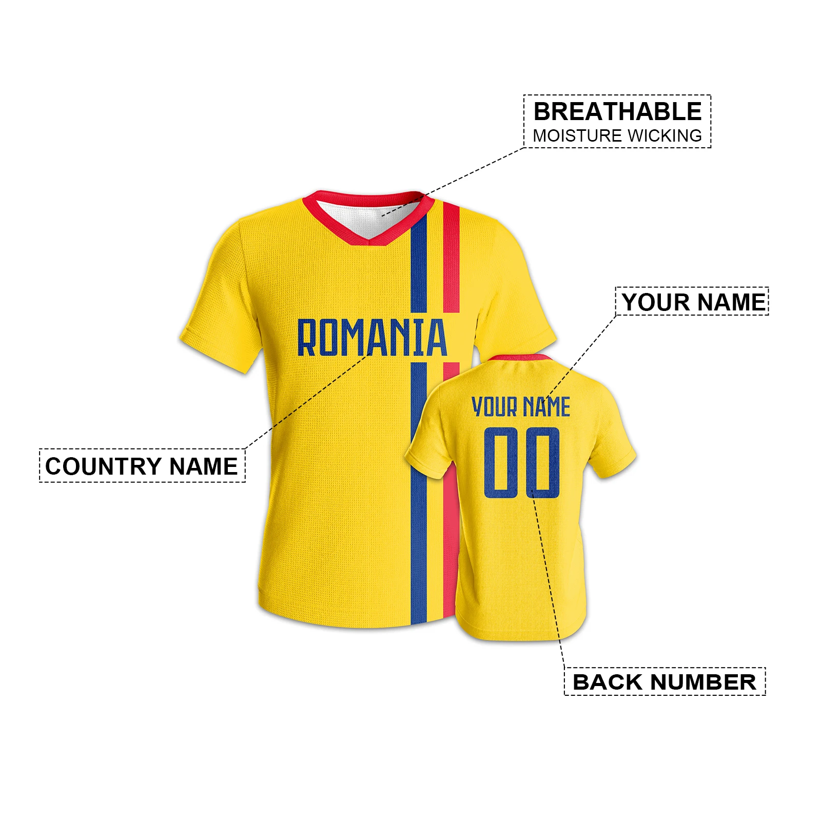 Custom Romania Soccer Jersey Personalized Name Number Quick-Dry Football Shirt Breathable Athletic Wear for Fans Youth Adults