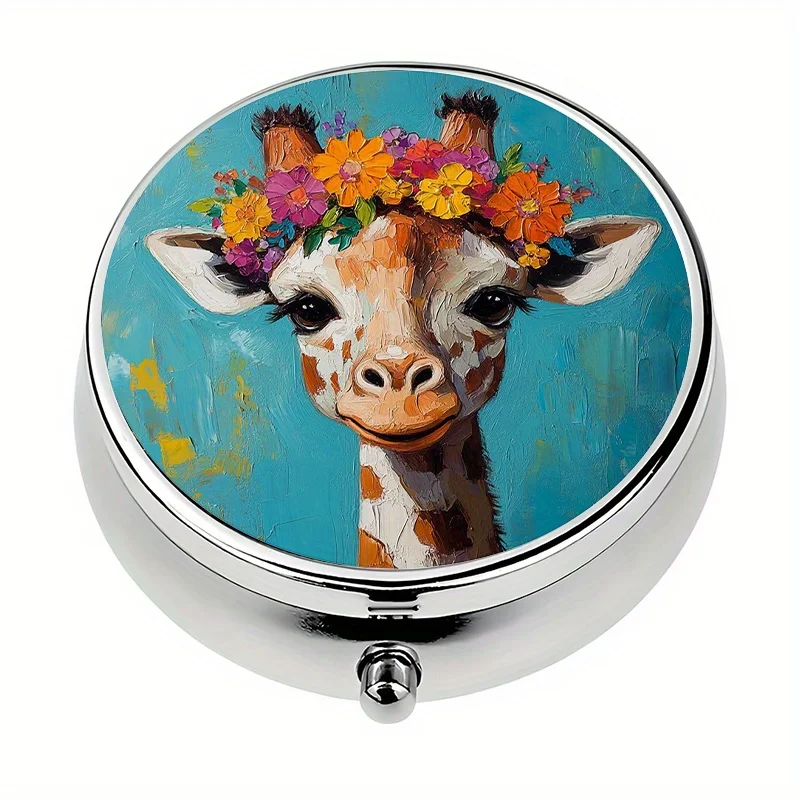 Single pack, 3-compartment pill box, portable pill box in the shape of a giraffe wearing a crown, can be placed in a bag or wallet, compact daily pill box, unique gift, portable pill box