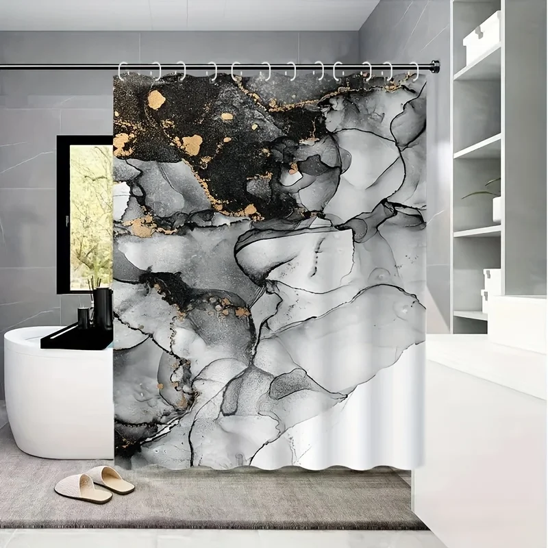 1pc Nordic Luxury Marble Shower Curtain - Grey & Golden Floral Pattern for Bathroom Decoration, Toilet Shower Curtain, Windows &