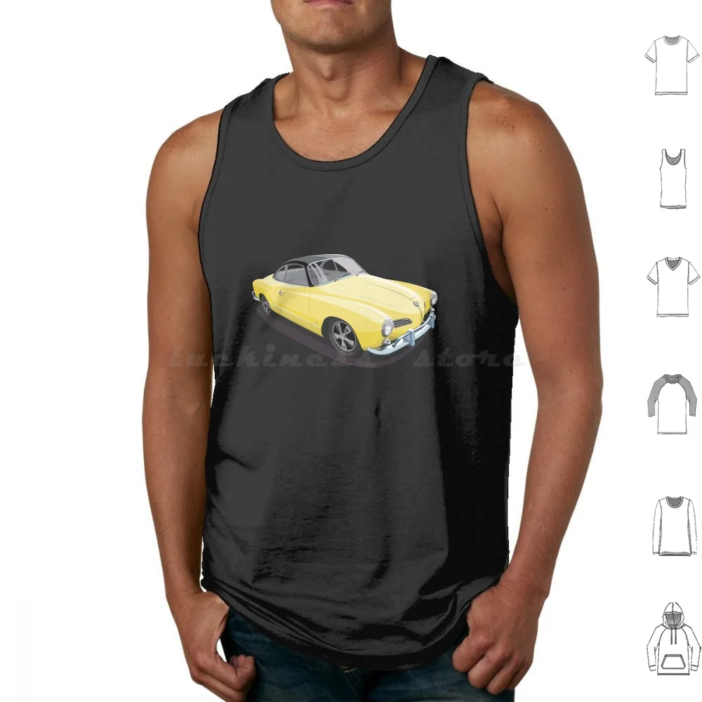 Karmann Ghia em amarelo e preto regatas colete sem mangas Karmann Ghia 2 portas Coupe alemão Wolfsburg Veedub carro clássico