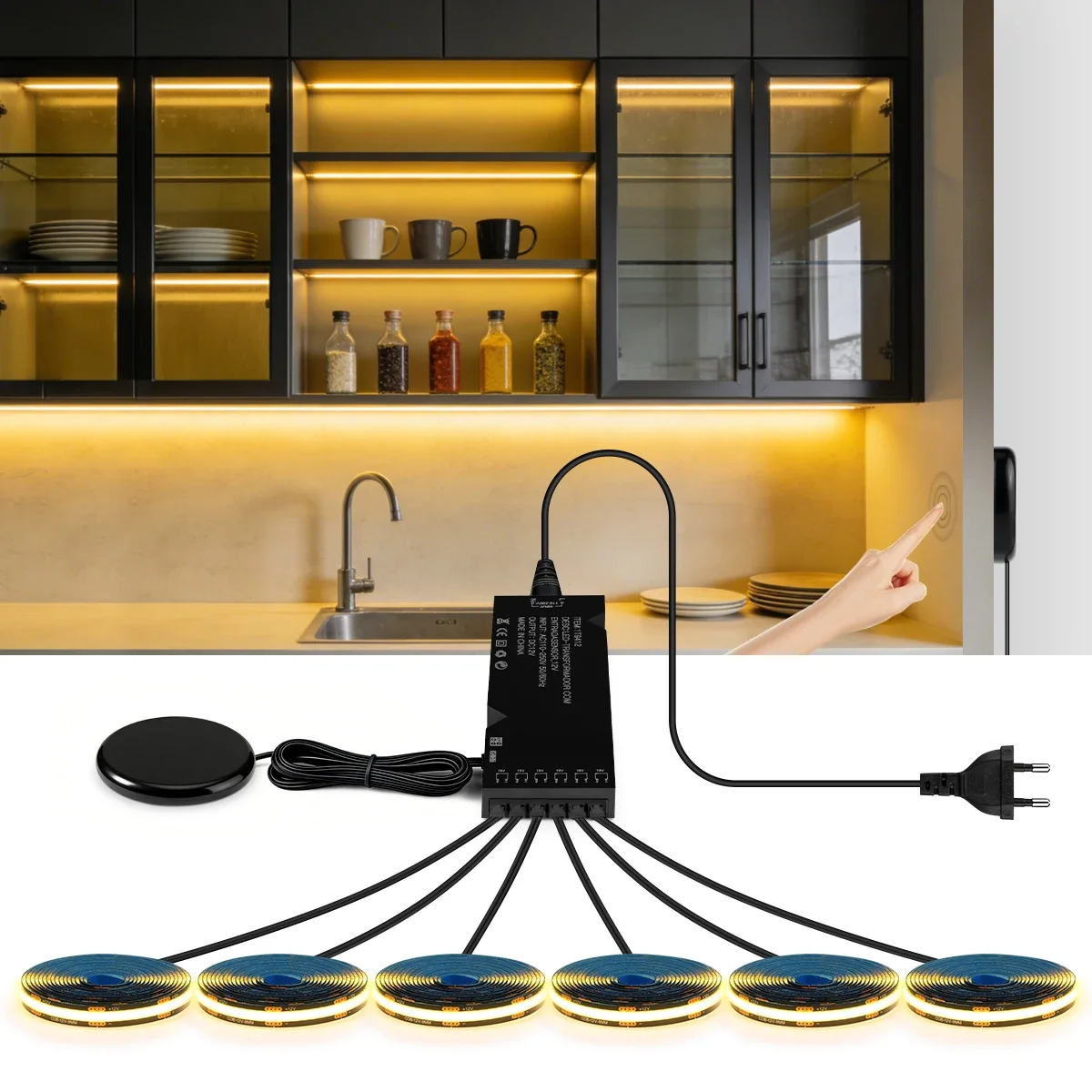 Conjunto de Luzes de Faixa COB com Adesivo Traseiro, PCB Preto, 320 LEDs/M com Interruptor Táctil Regulável para Decoração de Cortina Acústica Embutida