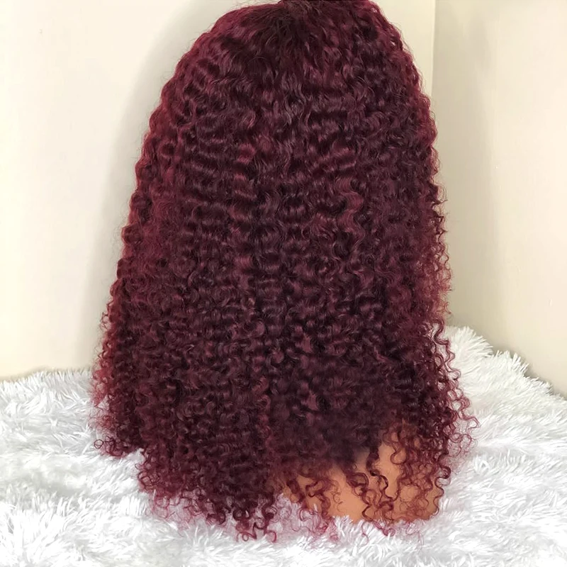 Peruca dianteira do laço encaracolado para mulheres negras, cabelo do bebê, resistente ao calor, sem cola, pré-arrancadas, Borgonha, perverso, longo, 180 densidade, 26in, 99j