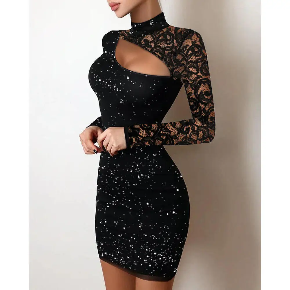 Faionable Lace Hollow out Dr Sparkling Highlight Strickstoff Slim Fit, figurbetonter Rock Frühlingsaison Damen Dr