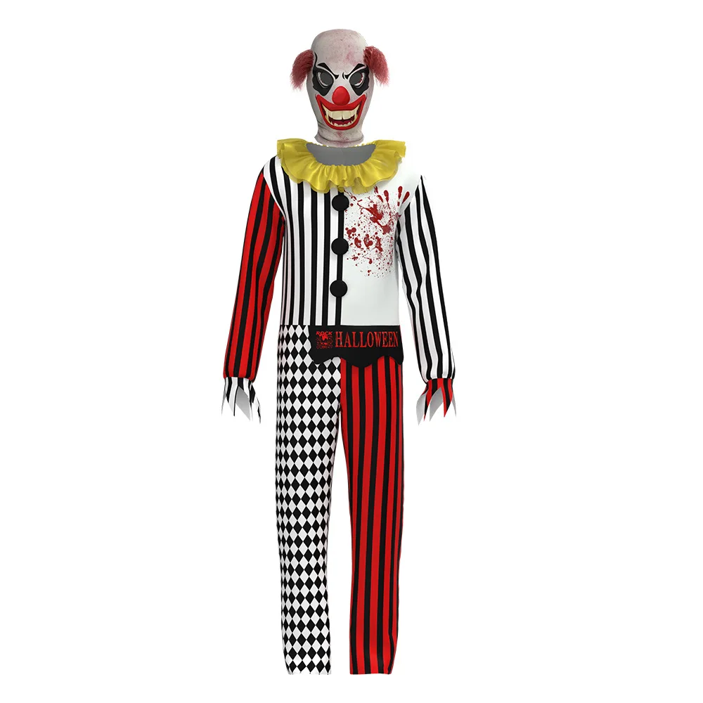 Halloween Adult Scary Clown Jumpsuit Cosplay with Mask Funny Joker Circus Clown Costumes for Men Kids Masquerade Party Cosplay