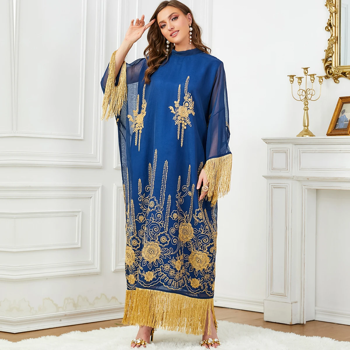 BNSQ 2024 New Eid Ramadan Muslim Women Abayas Embroidery Leisure Home Dresses Morocco Kaftan Dubai Robe With Tassel