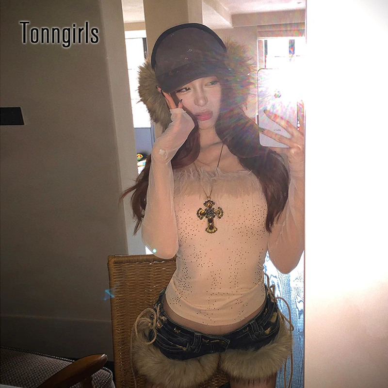 

Tonngirls Y2k Fairycore T Shirt Women Patchwork Fur Off Shoulder Crop Tops Japanese 2000s Mesh Tops Streetwear Korean Style Tees