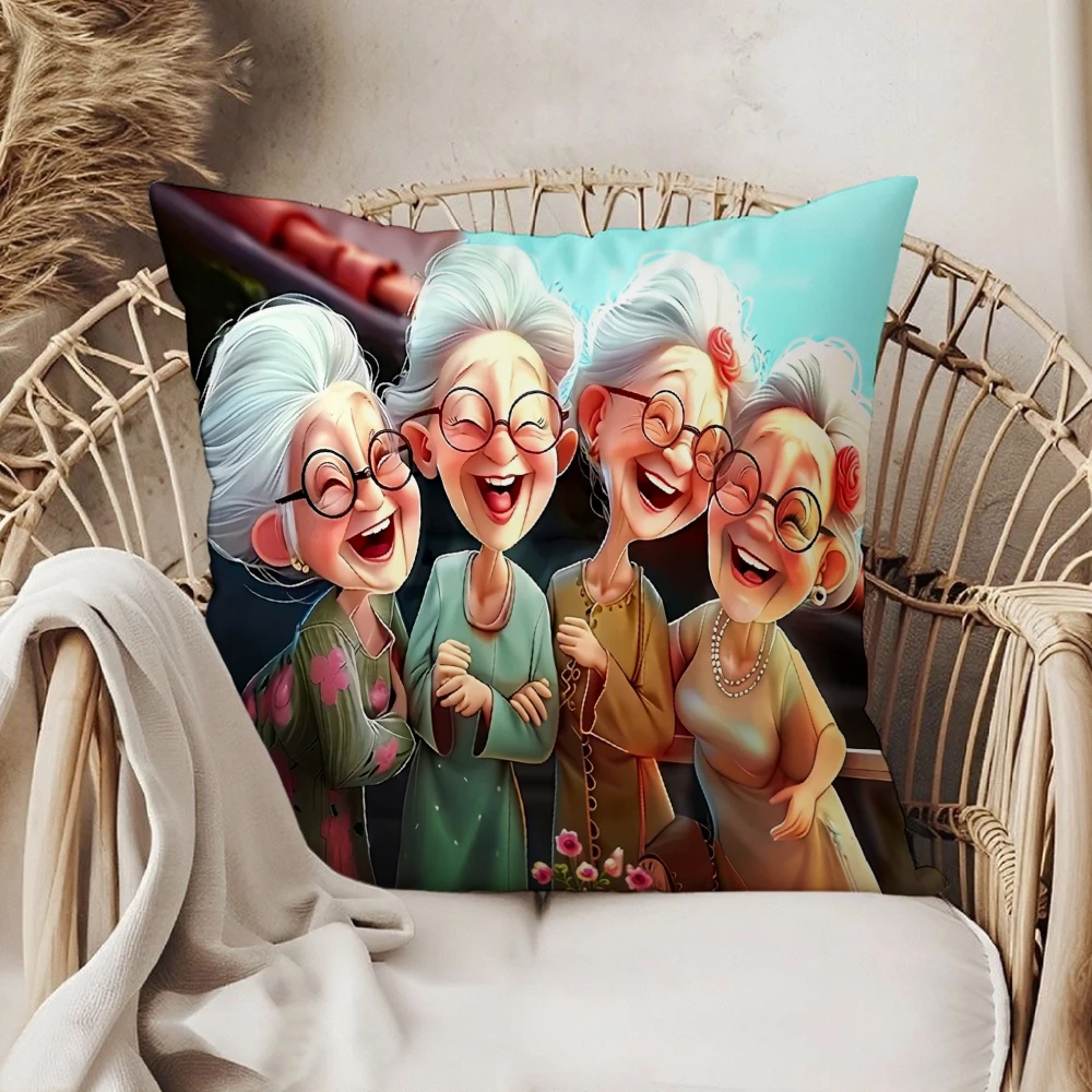 Square Throw Pillow Case Multicolor Happy Elderly Women Cartoon Print Home Sofa Bedroom Living Room Decor Cushion Cover