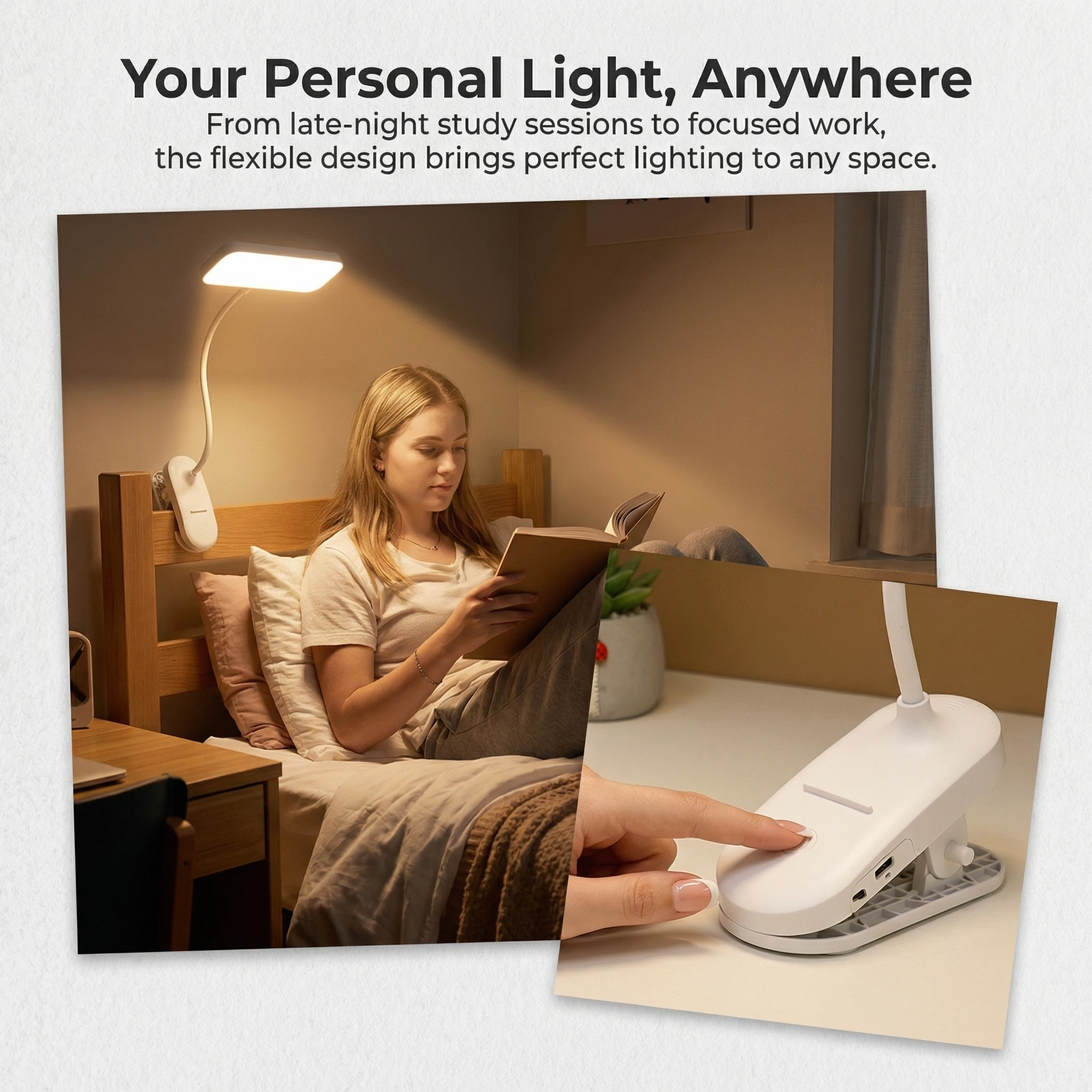 Clip on USB Lamp 3CCT, Dimmer, Clip/Stand, Portable Reading Light for Bedside, Desk, Night Use