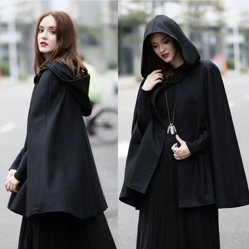 Halloween Hooded Cloak For Women 2022 Autumn Winter Warm Long Sleeve Solid Simple Style Loose Bat Outerwear Witch Coats