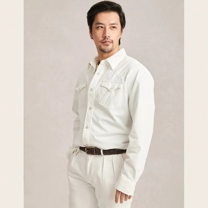 Office Long-Sleeve Ivory Washed Denim Shirt for Men - Button-Decorated 100% Cotton Vintage American Slim Fit Spring/Autumn