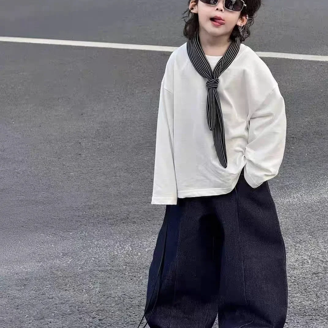 

Boys' Spring and Autumn Set Fashion 2026 New Style Children's White Long sleeved T-shirt+Jeans+Tie Handsome Two-Piece Set