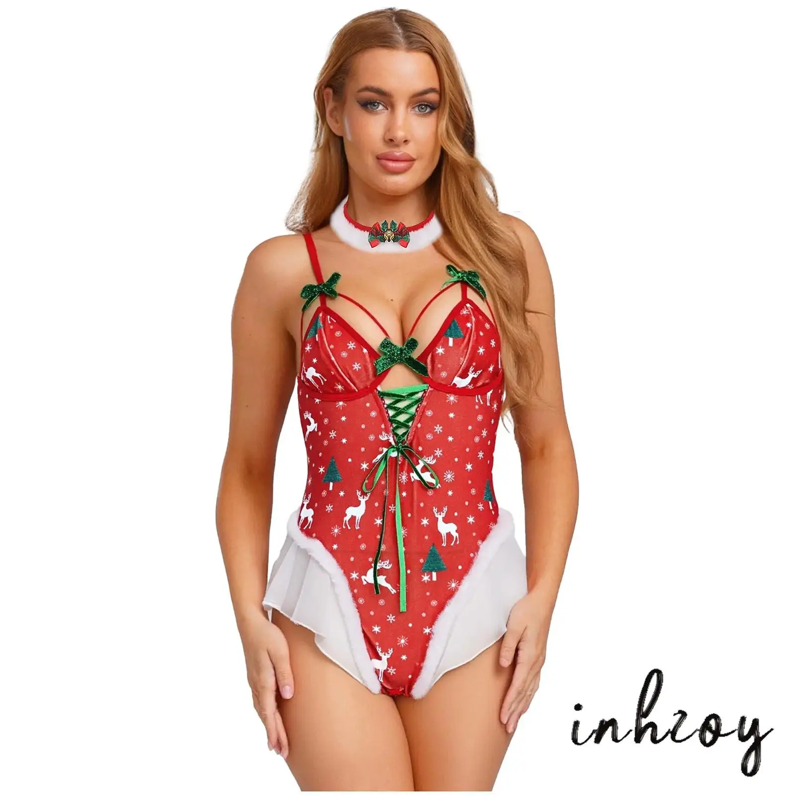 

Womens Christmas Bodysuit Nightwear Red-green Contrast Color Ruffled Mesh Trim Leotard with Choker 2-Piece Party Xmas Costume