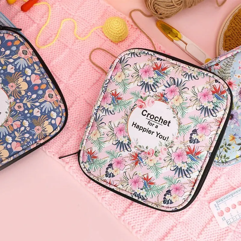 Floral Hand Knitting Kit, Crochet Hook Zip Waterproof Storage Bag, DIY Printing Storage Bag, Jumper Needle Set Storage Bag