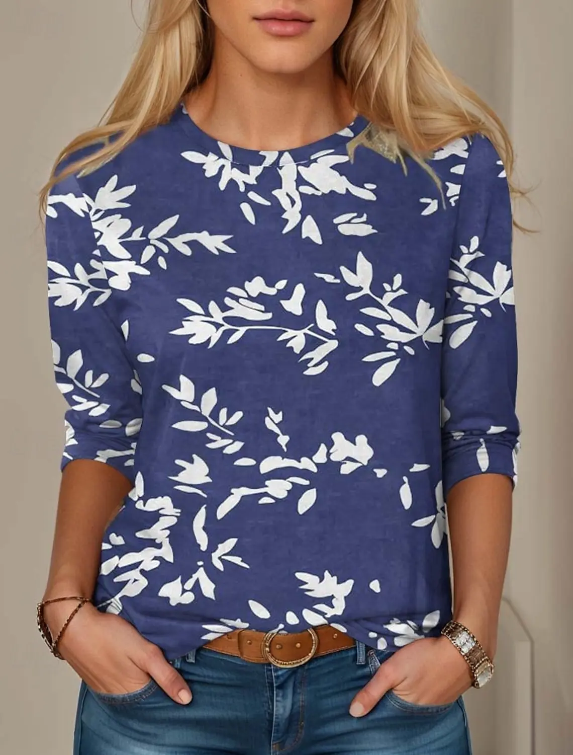 Modna damska koszulka Tee 3D Print Floral Graphic Casual Holiday Fashion Koszulka z długim rękawem O-Neck Żółta bluza Pullover