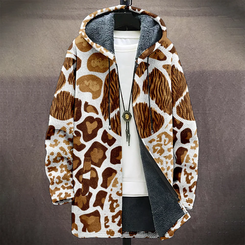 Men's Animal Print Hooded Coat Collection Warm Faux-Fur Lining Leopard/Zebra/Tiger Pattern Jacket for Winter Streetwear Fashion