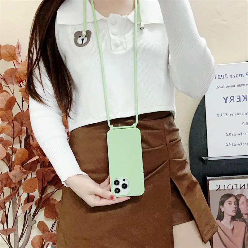 Liquid Silicone Crossbody Lanyard Phone Case For iPhone 15 14 13 12 11 Pro Mini X XR XS Max SE 2 7 8 Plus Hang Strap Rope Cover