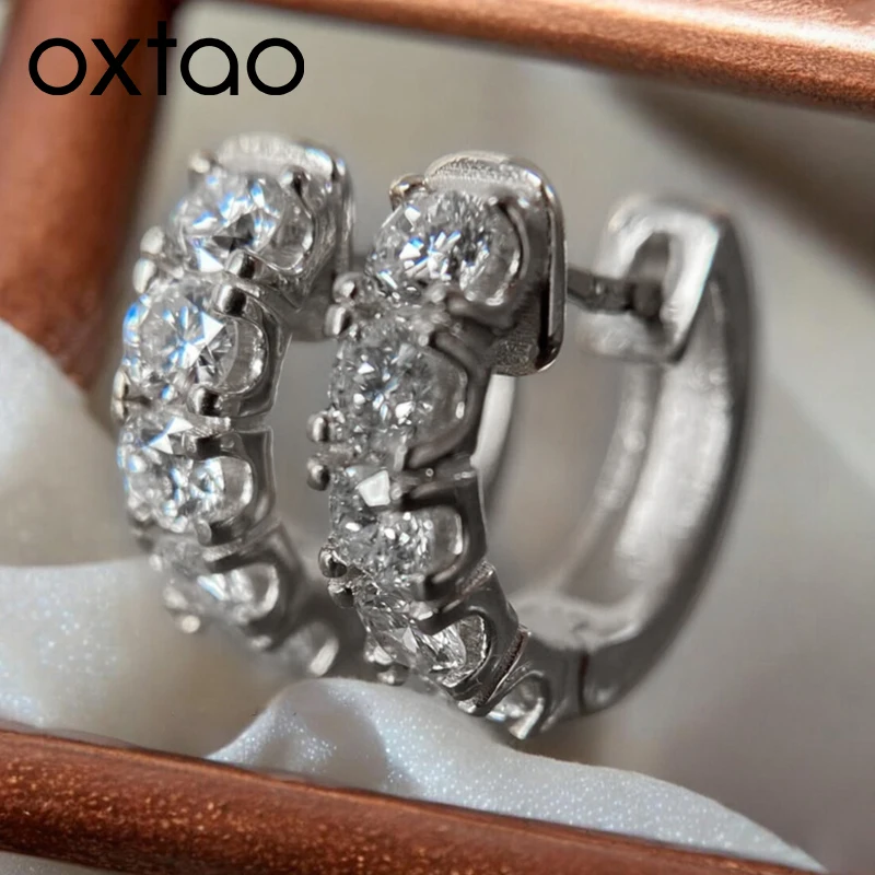 

OXTAO D Color Moissanite Hoop Earring 4mm Stones for Women Sparkling Lab Imitation Diamond Earring Fine Jewelry 14K Gold Filled