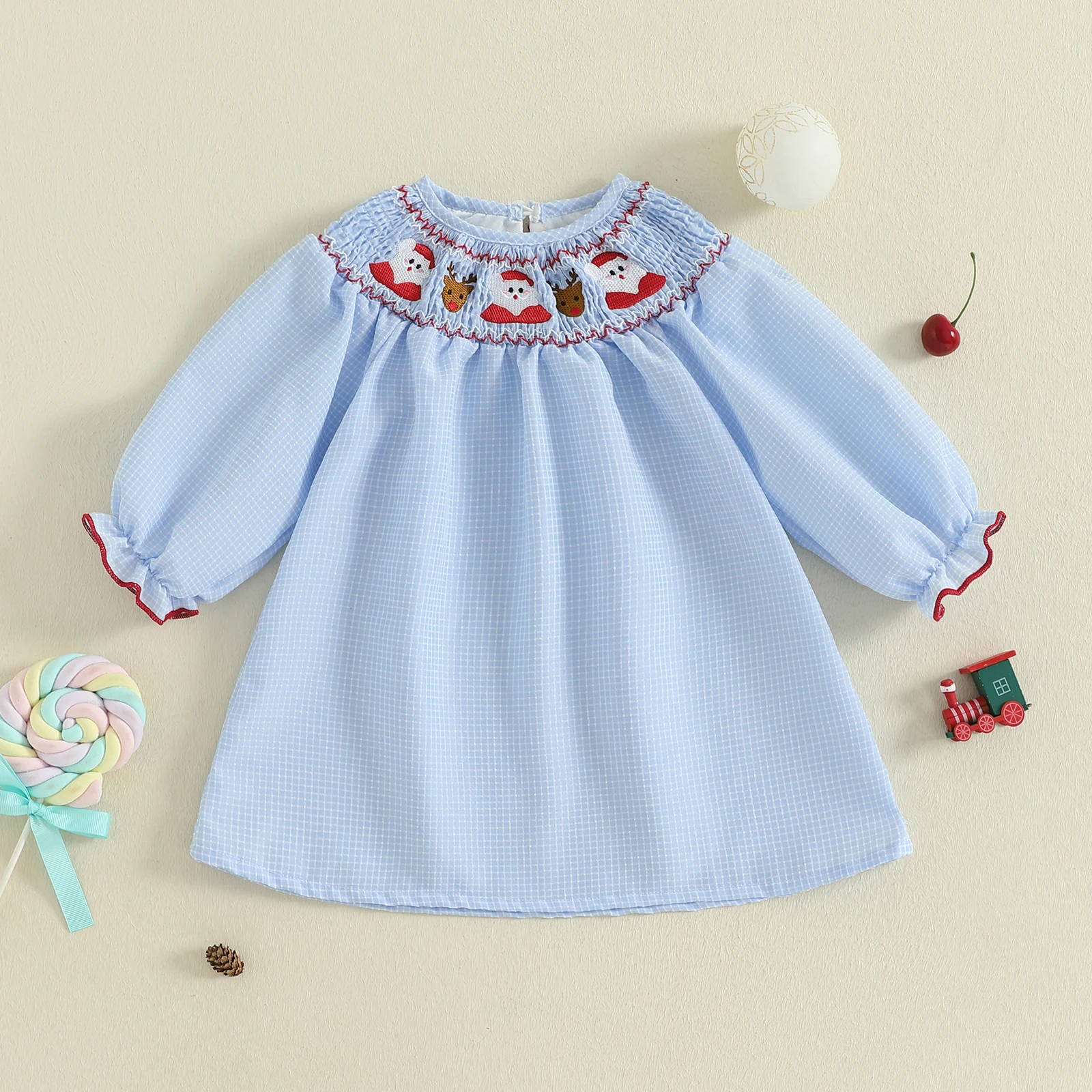 

Рождественское платье для маленьких девочек, клетчатое платье трапециевидной формы с круглым вырезом и длинными рукавами с вышивкой Санта-Клауса для детей от 1 до 4 лет