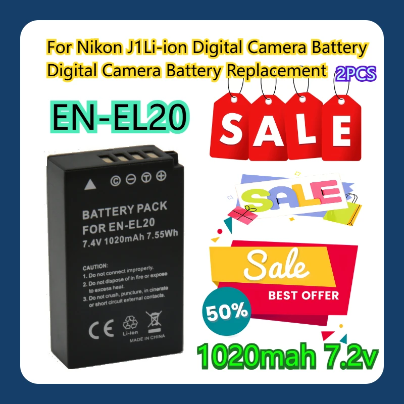 

For Nikon J1 (1020 MAh) EN-EL20 7.2 Volt Li-ion Digital Camera Battery Digital Camera Battery Replacement 2pcs