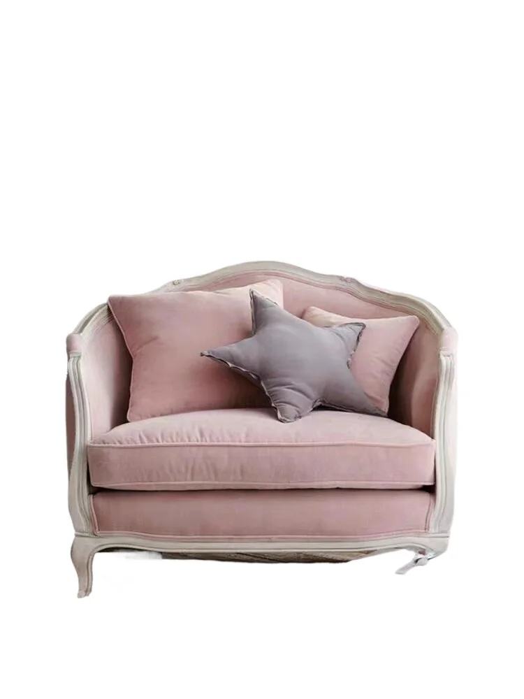 

American simple solid wood old sofa chair, French retro fabric pink velvet single sofa leisure chair